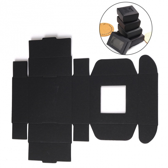 Picture of Paper Jewelry Gift Packing & Shipping Boxes With Clear Window Square Black 7.5cm x 7.5cm x 3cm , 10 PCs