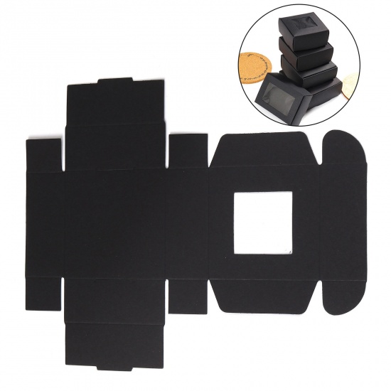 Picture of Paper Jewelry Gift Packing & Shipping Boxes With Clear Window Square Black 8.5cm x 8.5cm x 3.5cm , 10 PCs