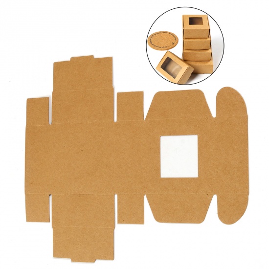 Picture of Paper Jewelry Gift Packing & Shipping Boxes With Clear Window Square Brown 6.5cm x 6.5cm x 3cm , 10 PCs