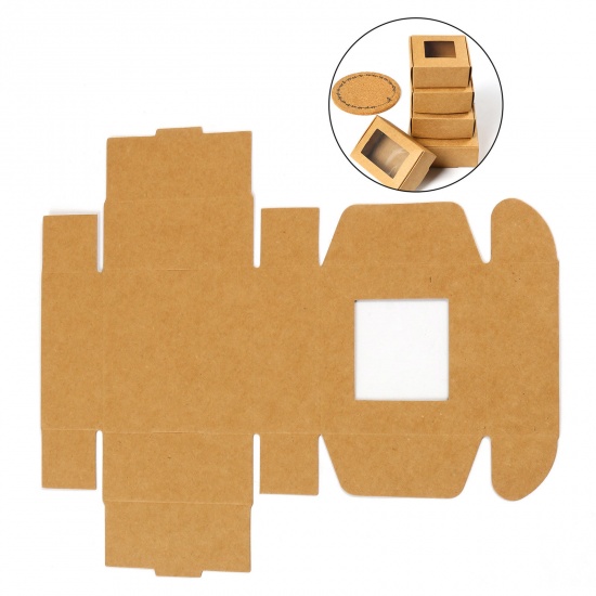 Picture of Paper Jewelry Gift Packing & Shipping Boxes With Clear Window Square Brown 7cm x 7cm x 3cm , 10 PCs