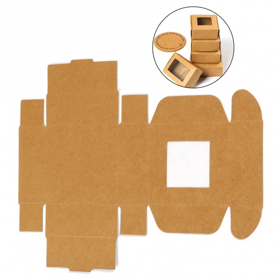 Picture of Paper Jewelry Gift Packing & Shipping Boxes With Clear Window Square Brown 7.5cm x 7.5cm x 3cm , 10 PCs