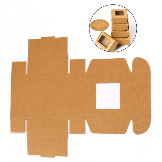 Picture of Paper Jewelry Gift Packing & Shipping Boxes With Clear Window Square Brown 8.5cm x 8.5cm x 3.5cm , 10 PCs
