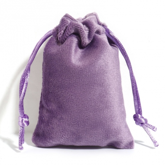 ベルベット 巾着袋 ドローストリングバッグ ギフト用ラッピング 巾着バッグ お誕生日 お祝い プレゼント 長方形 紫 （使用可能なスペース:約 7.5x7cm) 9cm x 7cm、 10 個 の画像