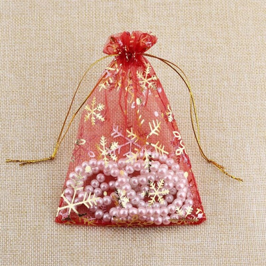 Immagine di Organza Christmas Jewelry Bags Red Snowflake 14cm x 10cm, 20 PCs