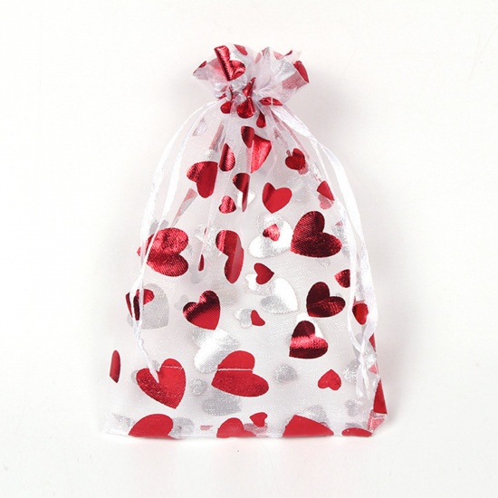 Immagine di Organza Valentine's Day Packing & Shipping Bags Rectangle White & Red Heart 10cm x 8cm, 20 PCs