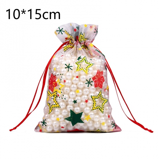 Immagine di Organza Christmas Drawstring Bags Rectangle Multicolor Pentagram Star 15cm x 10cm, 10 PCs
