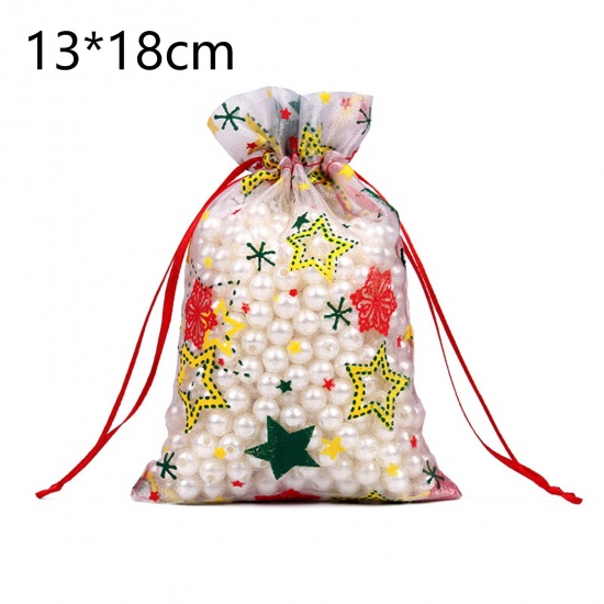 Immagine di Organza Christmas Drawstring Bags Rectangle Multicolor Pentagram Star 18cm x 13cm, 10 PCs