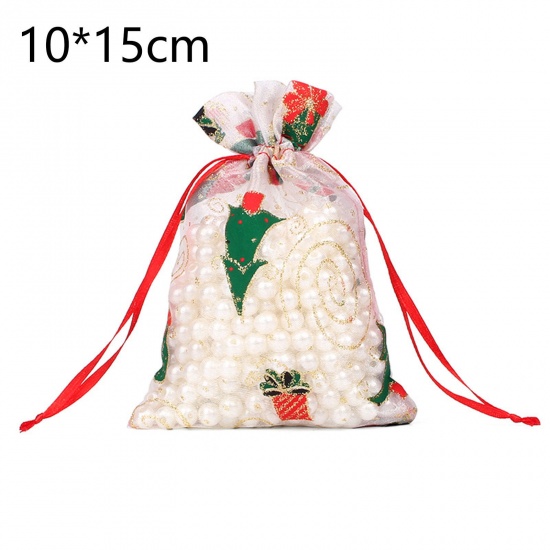 Immagine di Organza Christmas Drawstring Bags Rectangle Multicolor Christmas Tree 15cm x 10cm, 10 PCs