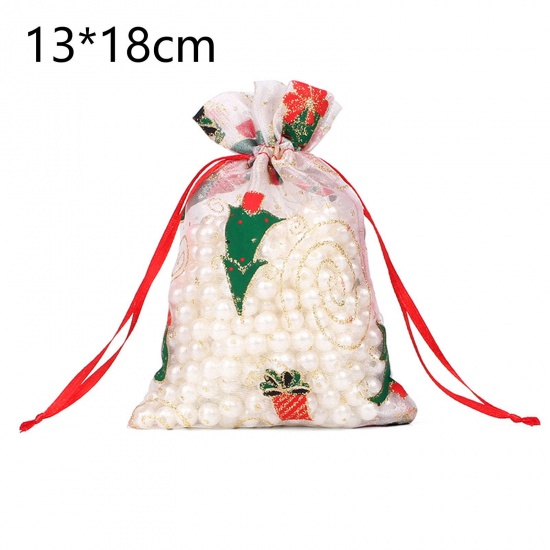 Immagine di Organza Christmas Drawstring Bags Rectangle Multicolor Christmas Tree 18cm x 13cm, 10 PCs