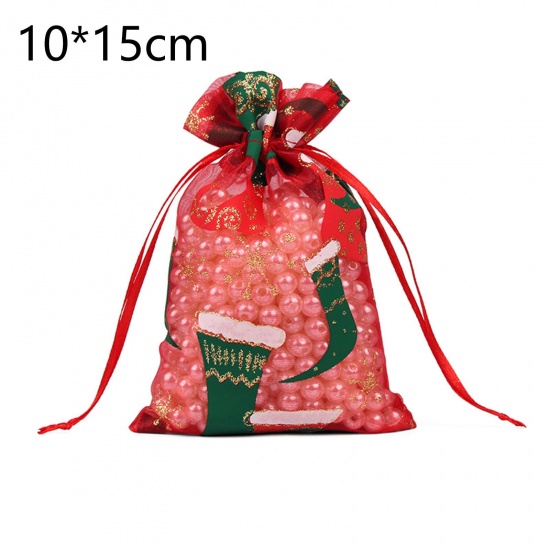 Immagine di Organza Christmas Drawstring Bags Rectangle Multicolor Christmas Stocking 15cm x 10cm, 10 PCs