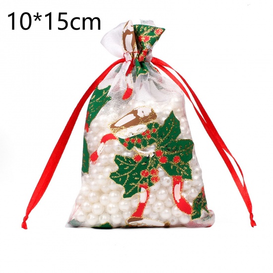 Immagine di Organza Christmas Drawstring Bags Rectangle Multicolor Christmas Jingle Bell 15cm x 10cm, 10 PCs