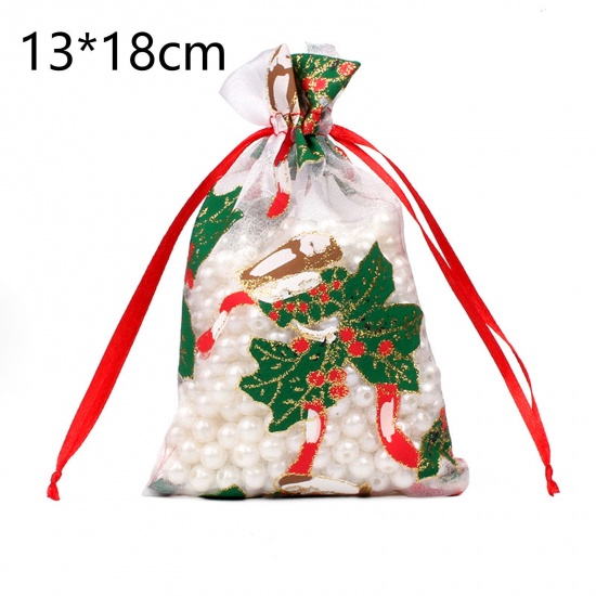 Bild von Organza Christmas Drawstring Bags Rectangle Multicolor Christmas Jingle Bell 18cm x 13cm, 10 PCs