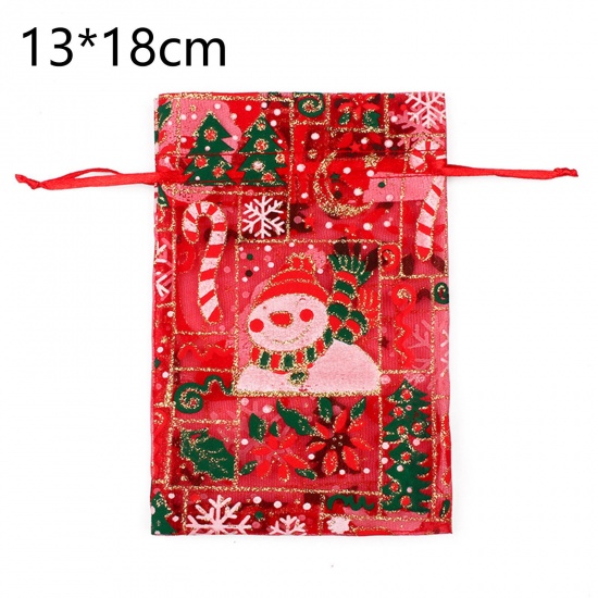 Immagine di Organza Christmas Drawstring Bags Rectangle Multicolor Christmas Snowman 18cm x 13cm, 10 PCs
