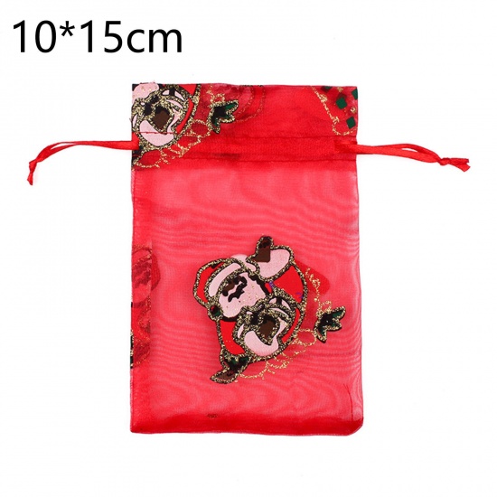 Immagine di Organza Christmas Drawstring Bags Rectangle Multicolor Christmas Santa Claus 15cm x 10cm, 10 PCs