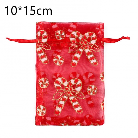 Immagine di Organza Christmas Drawstring Bags Rectangle Multicolor Christmas Candy Cane 15cm x 10cm, 10 PCs