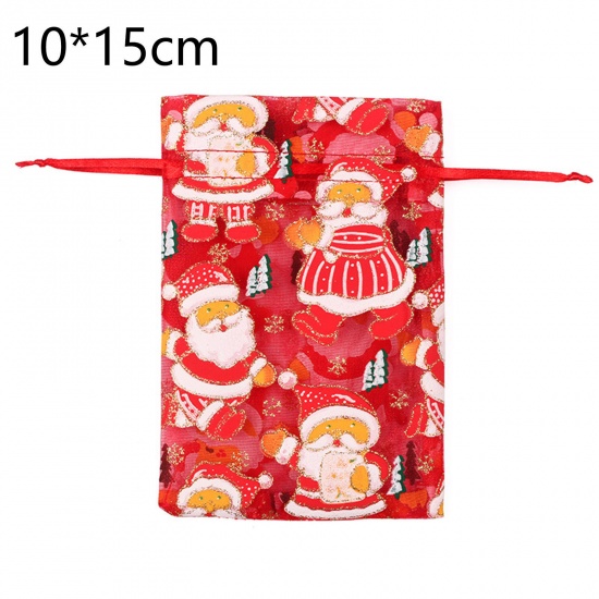 Immagine di Organza Christmas Drawstring Bags Rectangle Multicolor Christmas Santa Claus 15cm x 10cm, 10 PCs