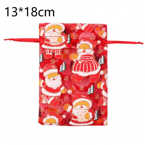 Immagine di Organza Borsa Coulisse Rettangolo Multicolore Babbo Natale Disegno 18cm x 13cm, 10 Pz