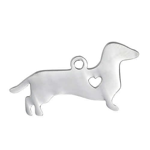 Picture of 304 Stainless Steel Pet Silhouette Blank Stamping Tags Pendants Dachshund Animal Heart Silver Tone One-sided Polishing 30mm x 16mm, 1 Piece