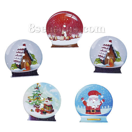 Picture of Wood Sewing Buttons Scrapbooking 2 Holes Round At Random Christmas Pattern 30mm(1 1/8") x 29mm(1 1/8"), 30 PCs