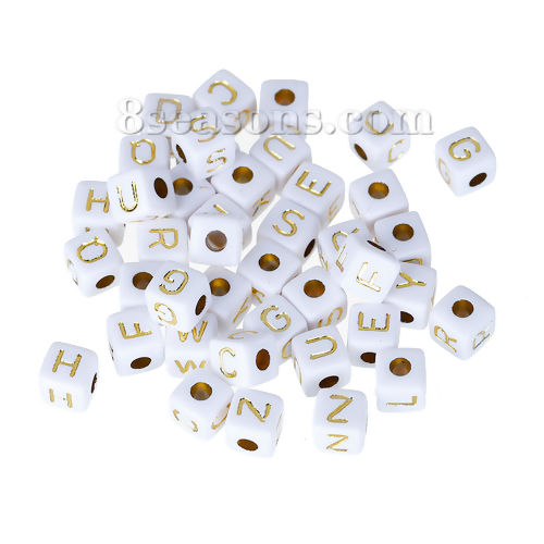 Picture of Acrylic Spacer Beads Square White At Random Alphabet /Letter Pattern About 9mm x 9mm, Hole: Approx 4mm, 100 PCs