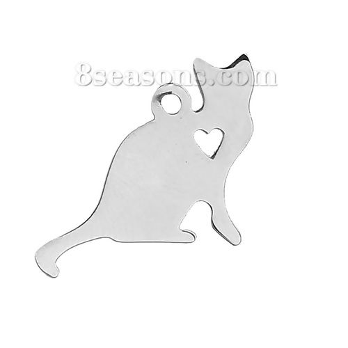 Picture of 304 Stainless Steel Pet Silhouette Blank Stamping Tags Charms Cat Animal Heart Silver Tone One-sided Polishing 22mm x 17mm, 1 Piece