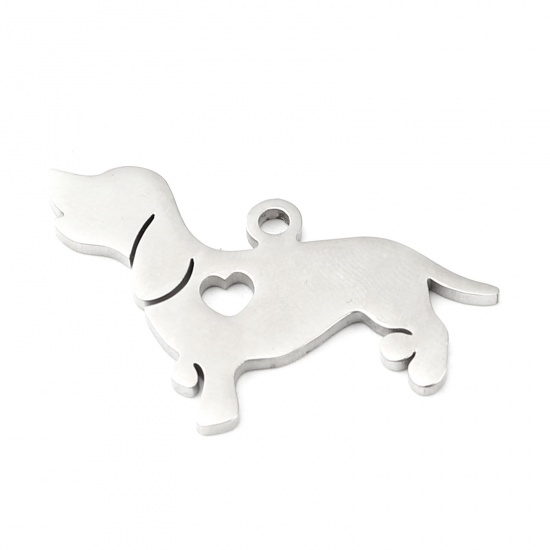Picture of 304 Stainless Steel Pet Silhouette Blank Stamping Tags Charms Dog Animal Heart Silver Tone One-sided Polishing 29mm x 23mm, 1 Piece