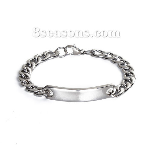Immagine di 304 Acciaio Inossidabile Bar Vuoto Braccialetti Rettangolo Tono Argento Modifiche in bianco di timbratura Un Lato 22cm Lunghezza, 1 Pz