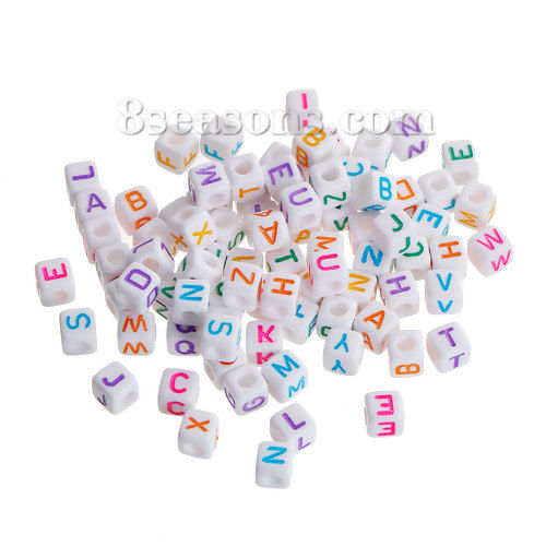 Picture of Acrylic Spacer Beads Cube At Random Alphabet /Letter Pattern About 8mm x 8mm, Hole: Approx 4mm, 100 PCs