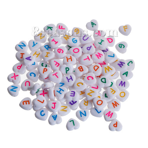 Picture of Acrylic Spacer Beads Heart At Random Alphabet /Letter Pattern About 11mm x 11mm, Hole: Approx 2mm, 100 PCs