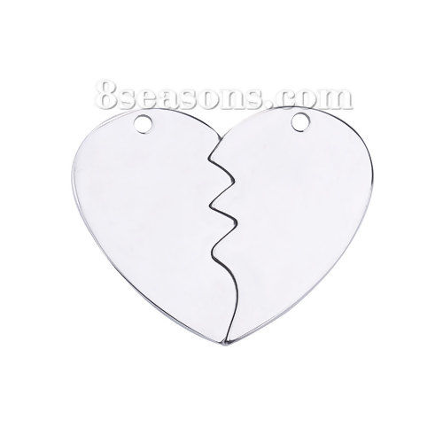 Picture of Stainless Steel Blank Stamping Tags Charms Broken Heart Silver Tone Roller Burnishing 27mm x 18mm, 2 Pairs