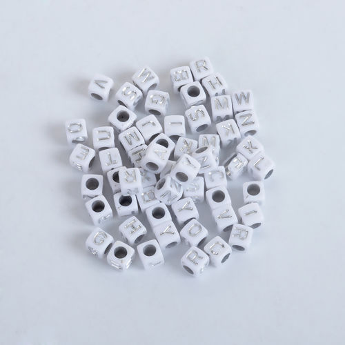 Picture of Acrylic Beads Square White & Silver At Random Initial Alphabet/ Letter Pattern About 6mm x 6mm, Hole: Approx 3.4mm, 500 PCs