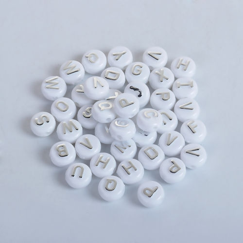 Picture of Acrylic Beads Round White & Silver At Random Initial Alphabet/ Letter Pattern About 10mm Dia, Hole: Approx 2.1mm, 200 PCs