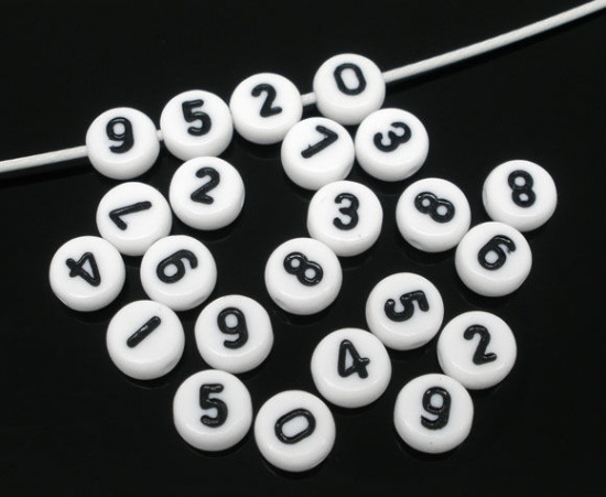 Picture of Acrylic Spacer Beads Round White Number Pattern About 7mm Dia, Hole: Approx 1mm, 500 PCs