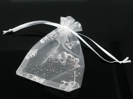 結婚祝い ギフト オーガンジー袋 巾着袋 アクセサリーバック ラッピング   ジュエリーポーチ 巾着袋 長方形 白 蝶柄 16cm x 13cm、 50 個 の画像