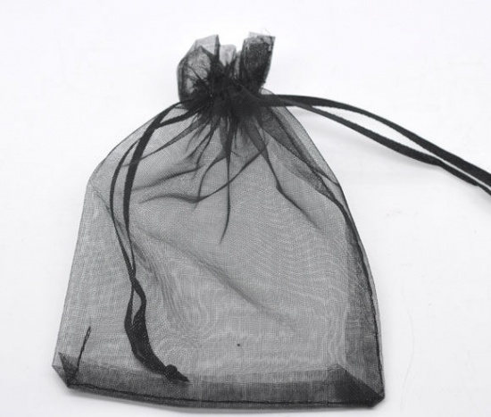 Picture of Wedding Gift Organza Jewelry Bags Drawstring Rectangle Black 9cm x7cm(3 4/8" x2 6/8"), 100 PCs