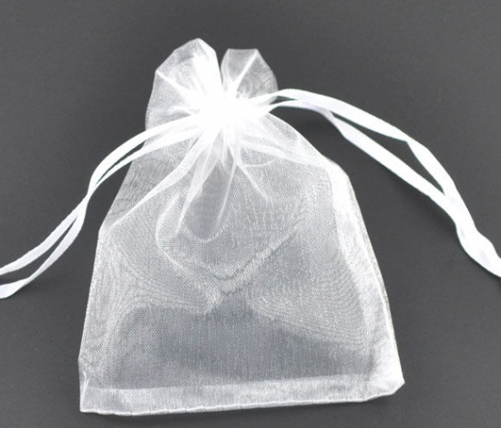 Picture of Wedding Gift Organza Jewelry Bags Drawstring Rectangle White 16cm x13cm(6 2/8" x5 1/8"), 50 PCs