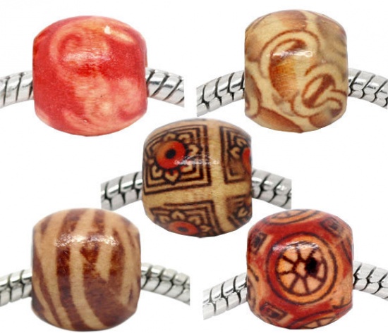 Picture of Wood European Style Large Hole Charm Beads Barrel Mixed Pattern 12x11mm, Hole: Approx 4.8mm, 100 PCs