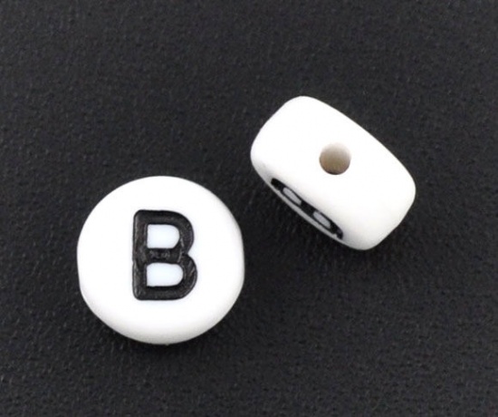Picture of Acrylic Spacer Beads Round White Alphabet/ Letter "B" About 7mm Dia, Hole: Approx 1mm, 500 PCs