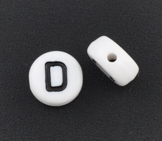 Picture of Acrylic Spacer Beads Round White Alphabet/ Letter "D" About 7mm Dia, Hole: Approx 1mm, 500 PCs
