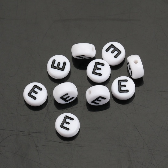 Picture of Acrylic Spacer Beads Round White Alphabet/ Letter "E" About 7mm Dia, Hole: Approx 1mm, 500 PCs