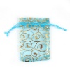 Picture of Wedding Gift Organza Jewelry Bags Drawstring Rectangle Skyblue Vine Pattern 9cm x7cm(3 4/8" x2 6/8"), 100 PCs