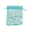 Picture of Wedding Gift Organza Jewelry Bags Drawstring Rectangle Skyblue Vine Pattern 16cm x13cm(6 2/8" x5 1/8"), 50 PCs