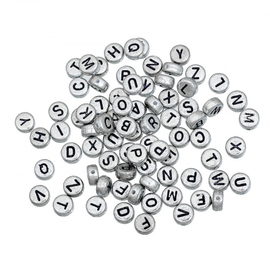 Picture of Acrylic Spacer Beads Round Silver-Gray Mixed Alphabet/ Letter About 7mm Dia, Hole: Approx 1mm, 500 PCs