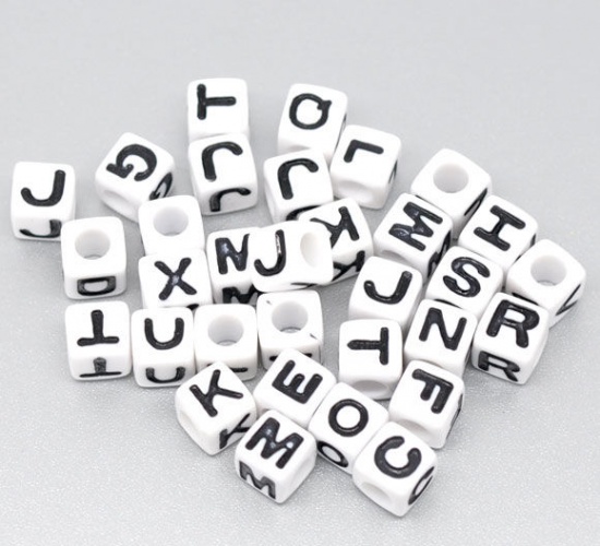 Picture of Acrylic Spacer Beads Cube White At Random Alphabet/ Letter "A-Z" About 7mm x 7mm, Hole: Approx 3.8mm, 300 PCs