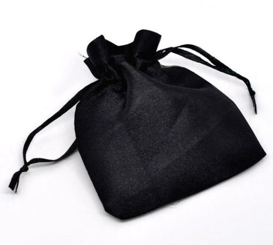 Picture of Wedding Gift Terylene Satin Jewelry Bags Drawstring Rectangle Black 10cm x8cm(3 7/8" x3 1/8"), 50 PCs
