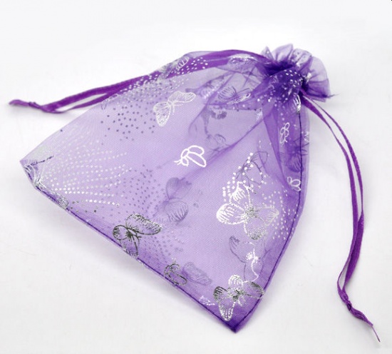 結婚祝い ギフト オーガンジー袋 巾着袋 アクセサリーバック ラッピング   ジュエリーポーチ 巾着袋 長方形 紫 蝶柄 16cm x 13cm、 50 個 の画像