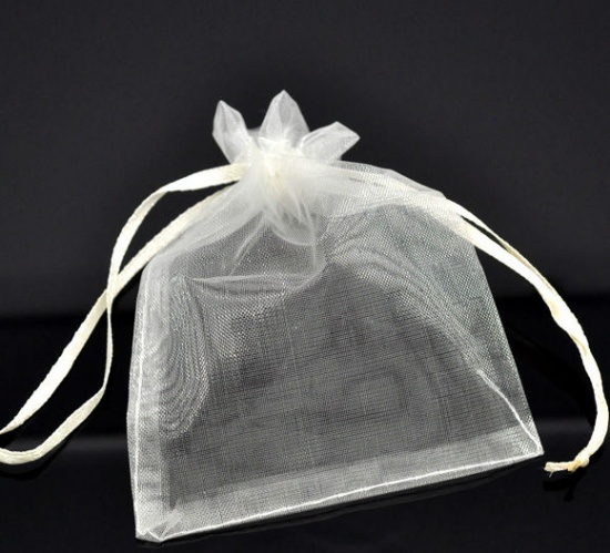 Picture of Wedding Gift Organza Jewelry Bags Drawstring Rectangle Ivory (Usable Space: 10x9cm) 11.5cm x9.5cm(4 4/8" x3 6/8"), 100 PCs