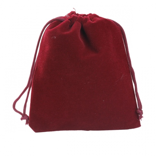 ベルベット ジュエリーポーチ 巾着袋  長方形 暗赤色 12cm x 10cm、 10 PCs の画像