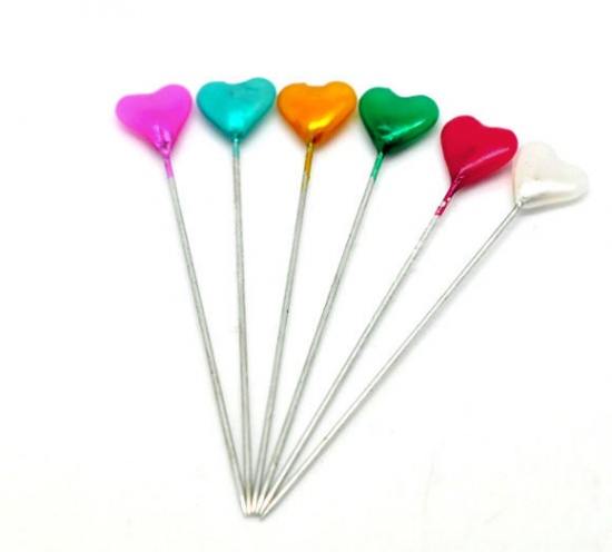 Picture of Iron Based Alloy Sewing Dressmaking Pins At Random Acrylic Heart Head 55mm(2 1/8") long, Needle Thickness: 0.7mm, 5 Cases(Approx 30 PCs/Case)