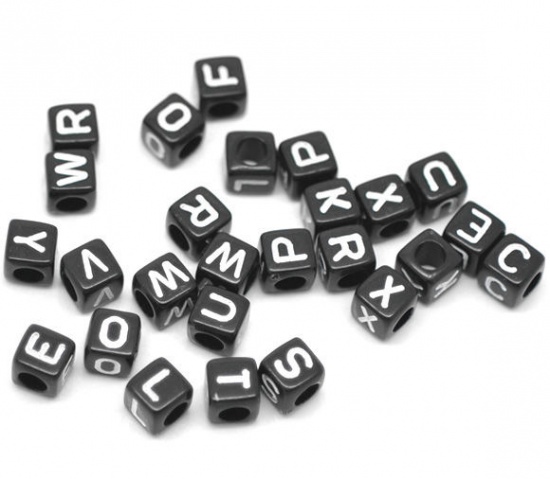 Picture of Acrylic Spacer Beads Cube Black At Random Alphabet/ Letter About 6mm x 6mm, Hole: Approx 3.5mm, 500 PCs